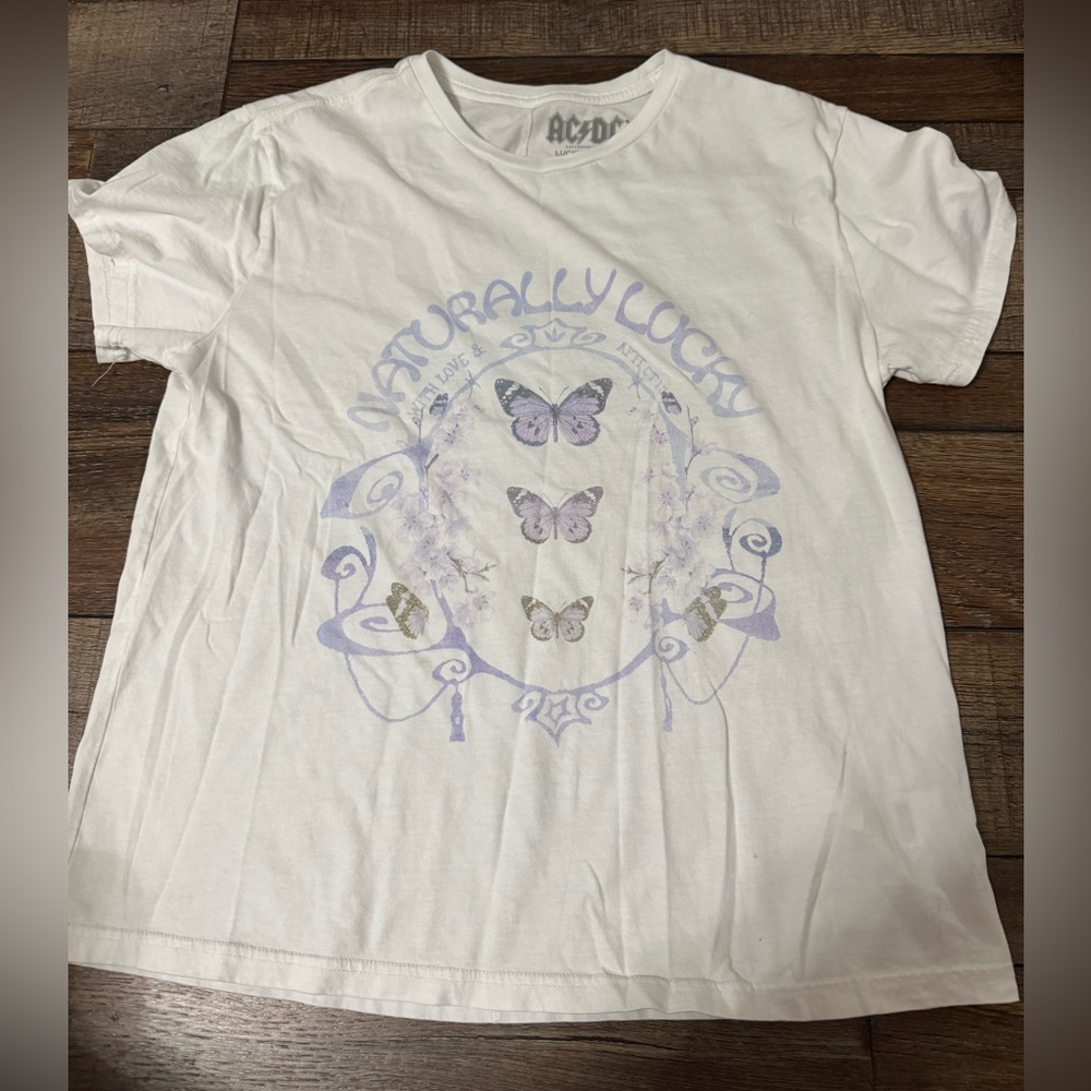 Lucky Brand White and Purple Short Sleeve Tee